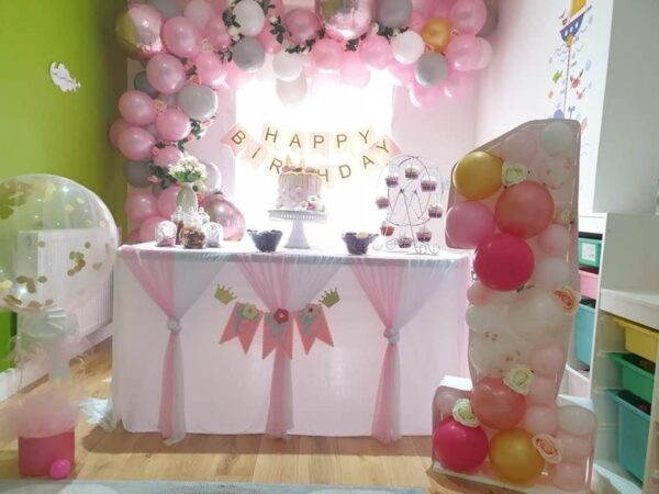 £155 arch, £30 Age Ballon, Table cloth and banner £25